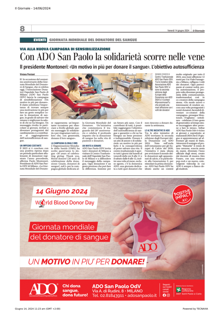 ADO sui più importanti Quotidiani Italiani in occasione della Giornata Mondiale del Donatore di Sangue